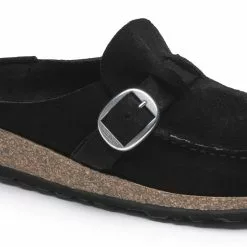 Women's Birkenstock Buckley Suede Leather Clog - Black -Chubbies Store womens birkenstock buckley clog 1017826 black closeup 94077.1624379318