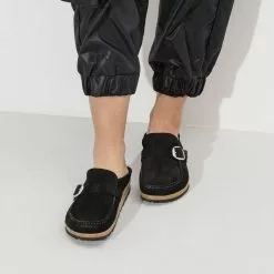 Women's Birkenstock Buckley Suede Leather Clog - Black -Chubbies Store womens birkenstock buckley clog 1017826 black lifestyle closeup 86203.1624379318